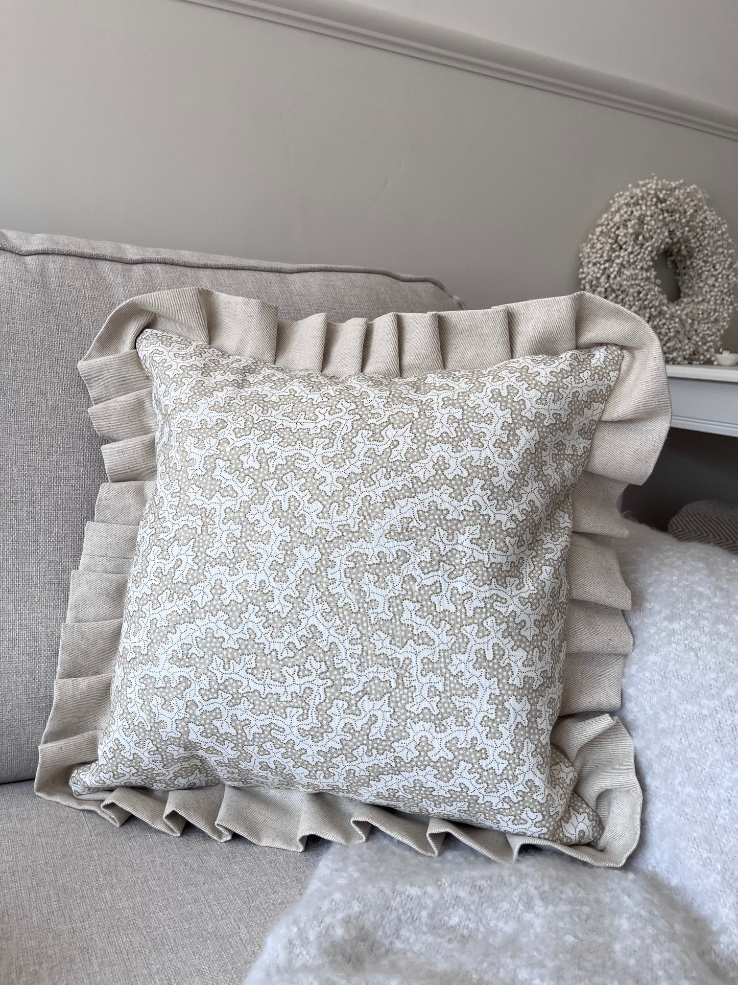 Handmade Designer Cushion – Sanderson “Truffle” in Sand with Contrast Frill