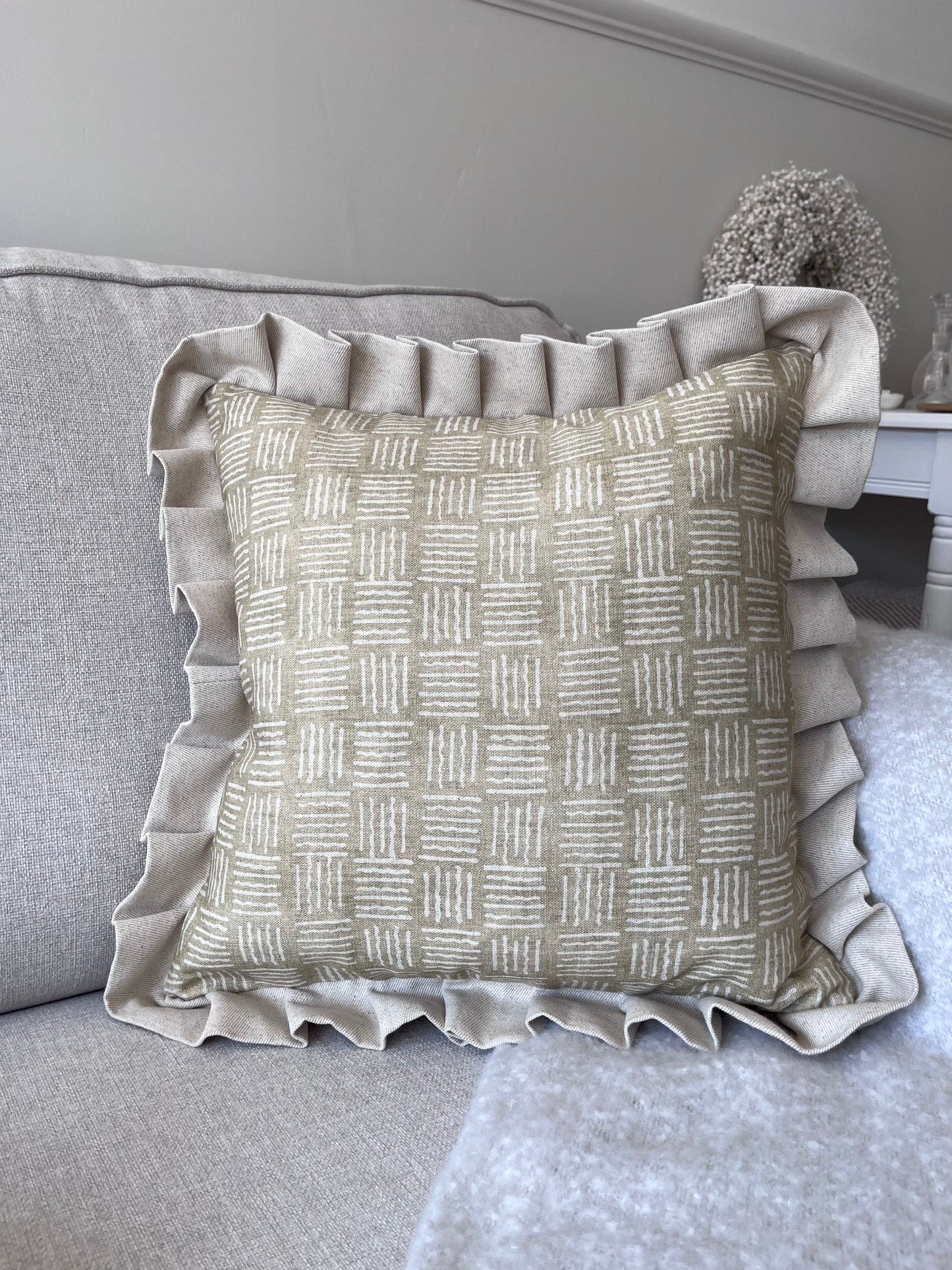 Handmade Designer Cushion – Baker Lifestyle Fabric with Contrast Frill