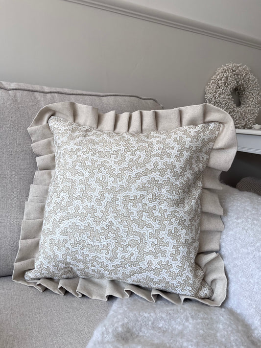 Handmade Designer Cushion – Sanderson “Truffle” in Sand with Contrast Frill
