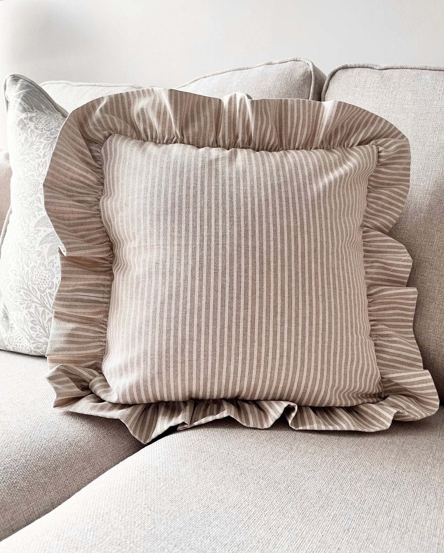 Beige Pinstripe Frilly Cushion